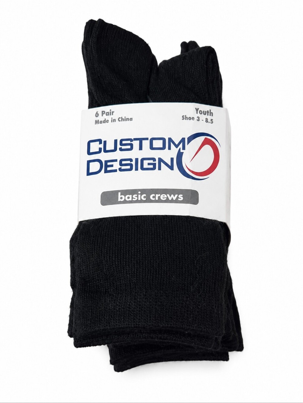 Custom Design Youth Black Crew Socks 6 Pair Pack